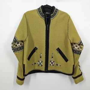 Icelandic Design women SZ S Green Wool Full Zip Floral Lined Jacket Sweater
